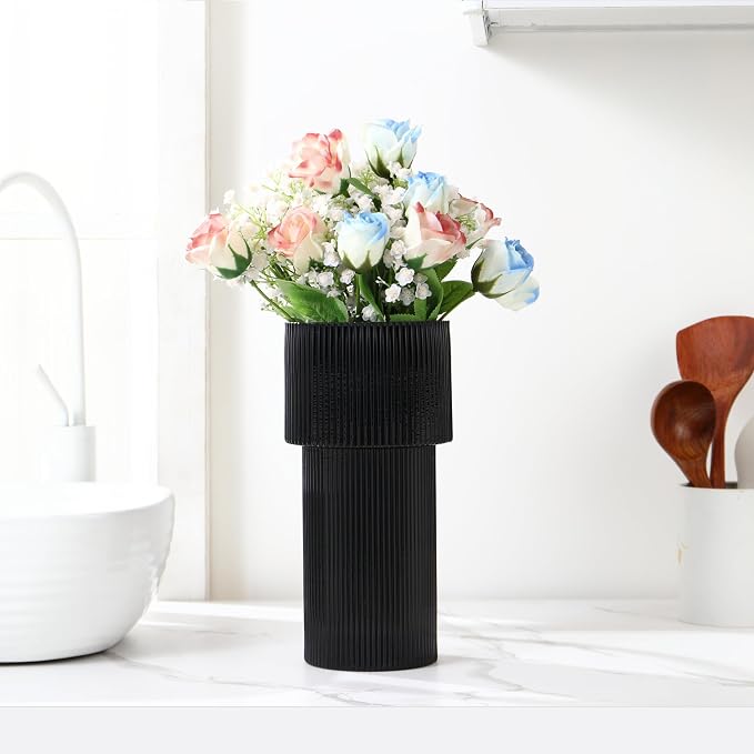 Black Glass Vase, 12 Inches Tall Vase for Flowers, Large Flower Vases for Bouquet, Modern Black Glass Vases for Living Room, Dining Table, Office, Entryway, Mantle, Shelf, Wedding Gifts