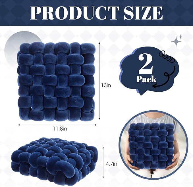 Wenqik 2 Pcs Knot Pillows Square Knotted Plush Throws Soft Accent Pillows Decoration Cushion for Couch Home Office Living Room Bedroom Bed Sofa Decor, 12'' x 13''(Navy Blue,Crystal Velvet)
