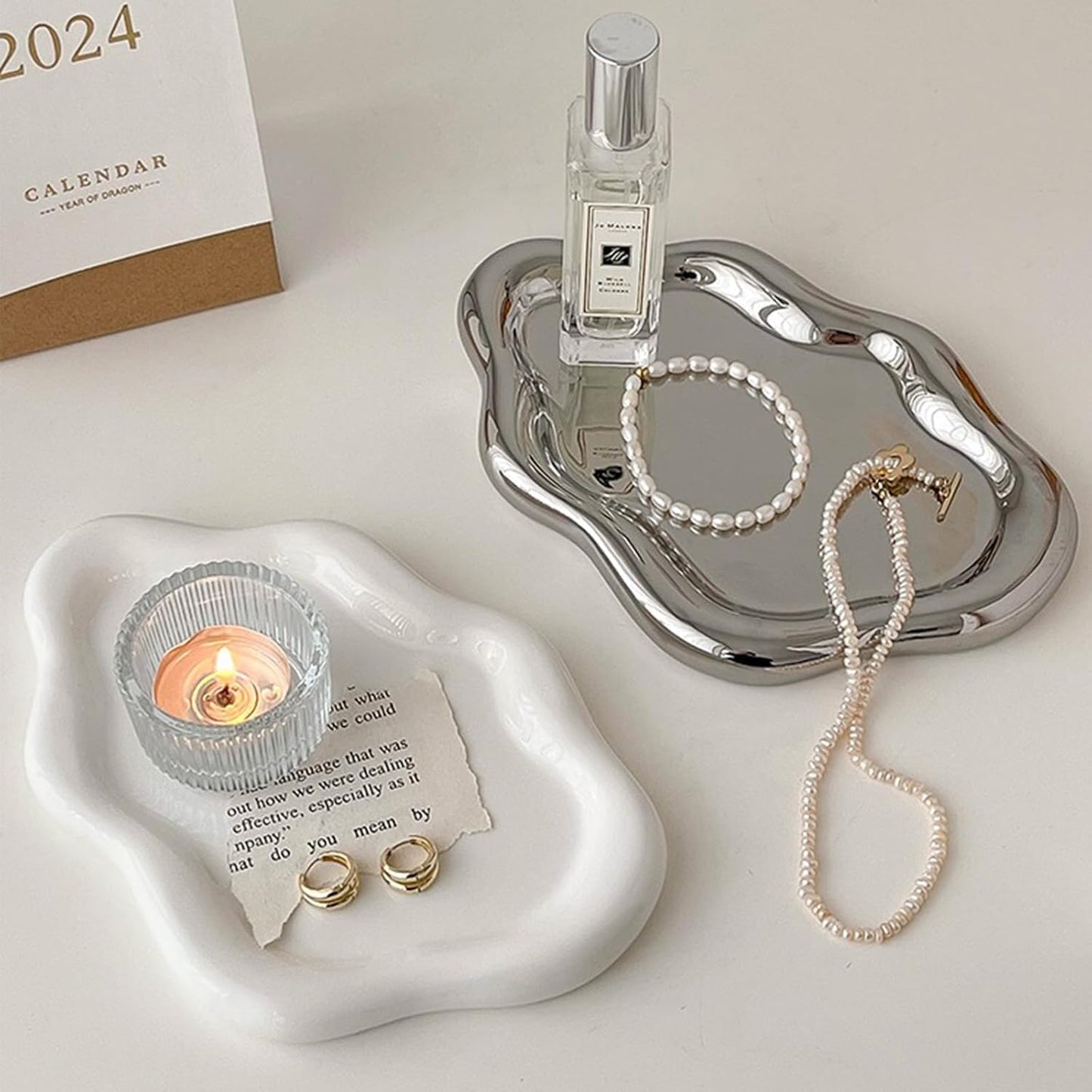 BESSKON Small Jewelry Dish for Women, Gifts for Mom, Ceramic Jewlery Tray Ring Holder, Vanity Ring Dish Cute Cloud Tray, Nightstand Decor Trinket Bowl for Earrings, Perfume, Keys, White Jewelry Plate