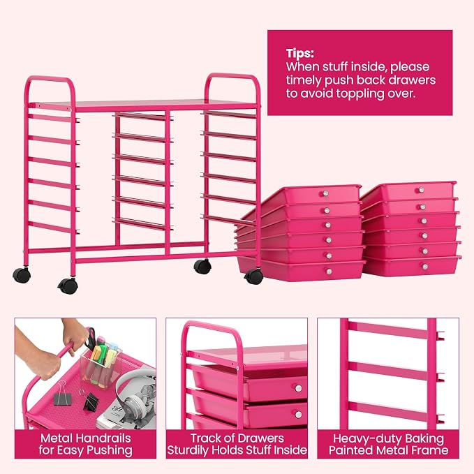 COSTWAY 12-Drawer Rolling Storage Cart, Utility Storage Organizer Cart for Tools, Scrapbook, Paper, Craft, Multipurpose Art Supply Organizer on Wheels for Home Office School, Teacher, Hot Pink