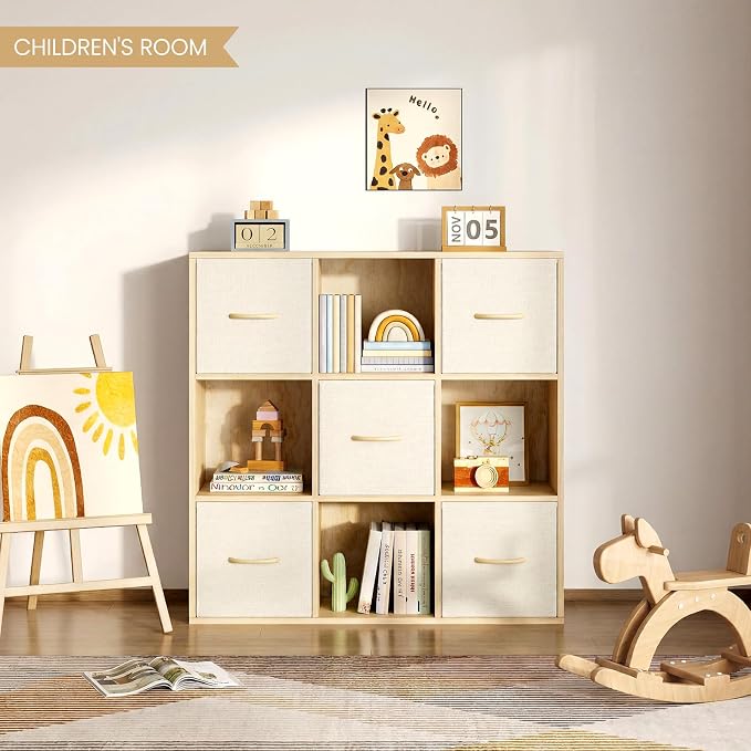 EXPERLAM 9 Cube Storage Organizer - Solid Wood Bookshelf with 5 Storage Bins, Cube Shelf with 3 Removable Back Panels, Vertical or Horizontal Bookcase, Open Book Shelf for Bedroom, Living Room, Office