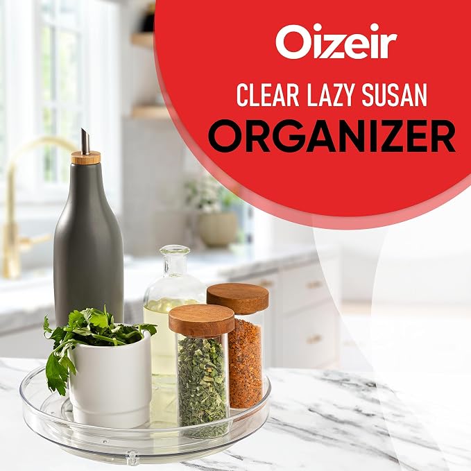 Oizeir Lazy Susan Organizer for Cabinet, 9 Inch Clear Acrylic Turntable – Rotating Spice Rack, Pantry, Fridge & Countertop Organizer, Smooth Spinning, Space-Saving Kitchen Storage (2 Pack)