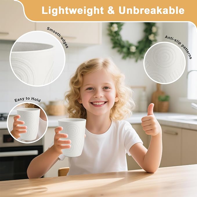 Drinking Glasses - Wheat Straw Cups Set of 6, Unbreakable Plastic Tumbler, Alternative to Plastic Glasses Drinking Reusable, Drinking Cup Dishwasher Safe Plastic Cups 12 OZ - White