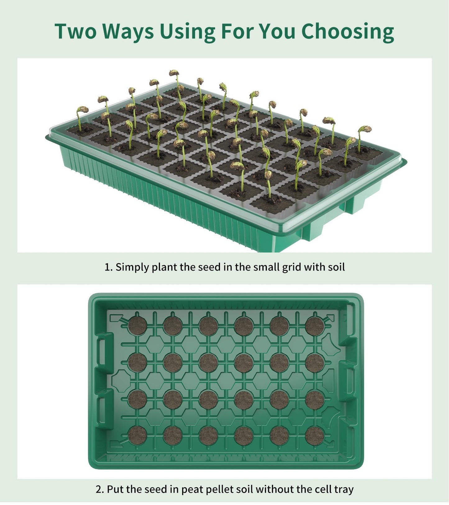 YJXFON Seed Starter Tray, 80-Cells Seedling Starter Trays with Grow Light and Humidity Dome, Reusable Seed Germination Kit for Indoor Gardening Seed Starting (2 Pack, Green Base)