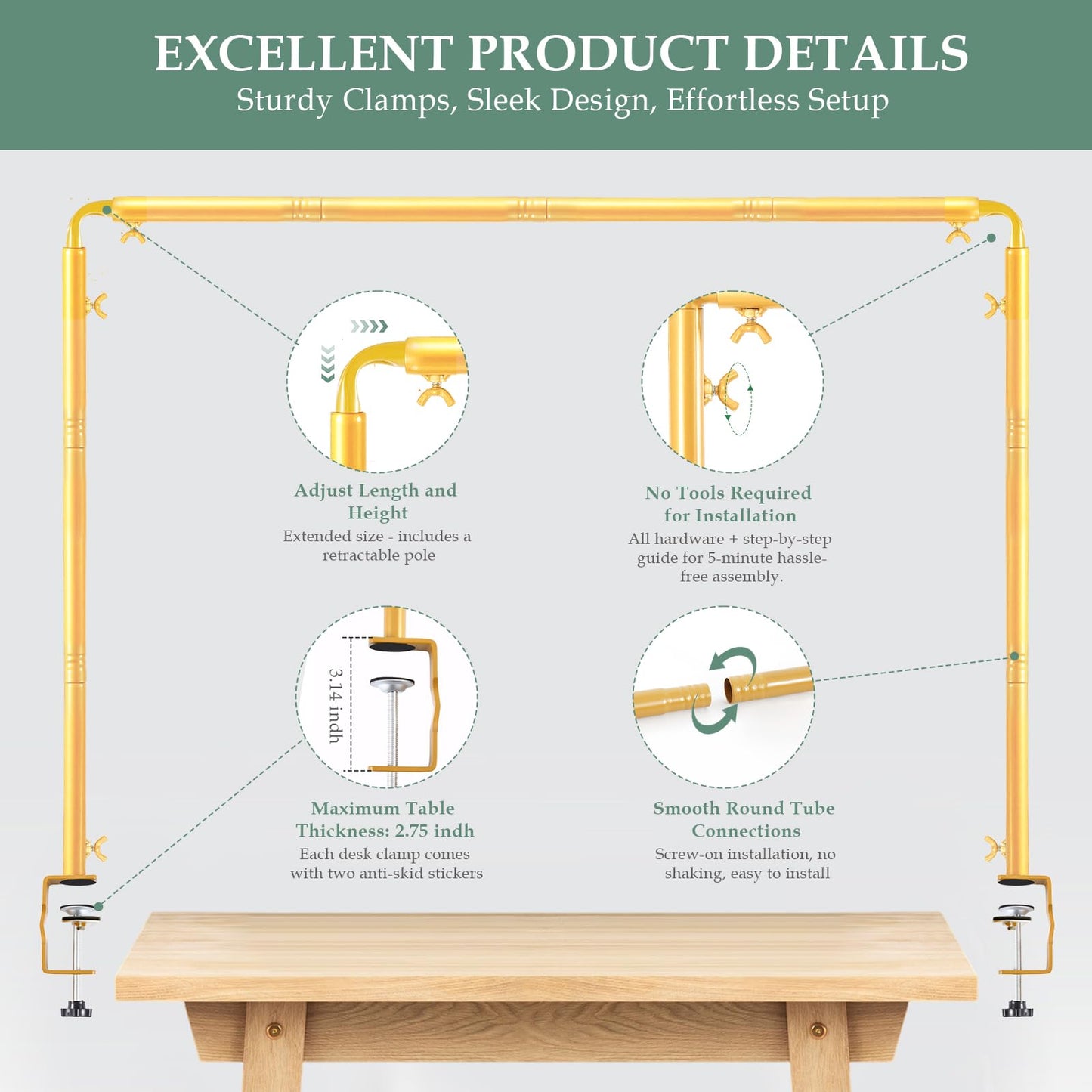 WellSign Over The Table Rod Stand with Clamps 31"-110" Length 31"-64" Height Adjustable Metal Table Hanging Decor Rod with Storage Bag for Gender Reveal Ceremony Party, Gold Table Balloon Arch Stand