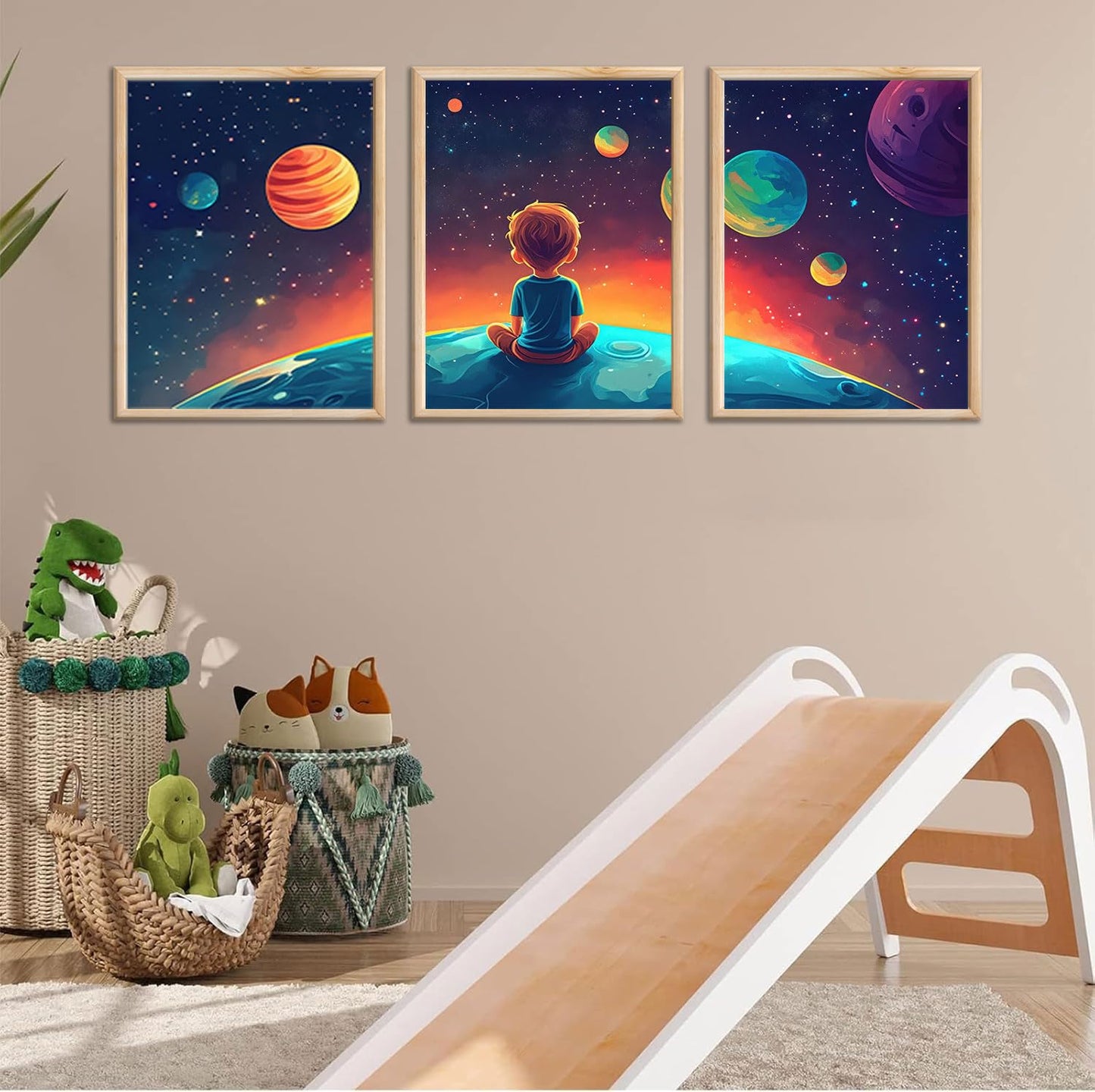 3Pcs Space Boy Wall Art Cute Inspirational Canvas Painting Space Fantasy Wall decor pictures with Planet Pattern posters Prints for Child’s Bedroom Office and Home Decoration Unframed 12x16in posters