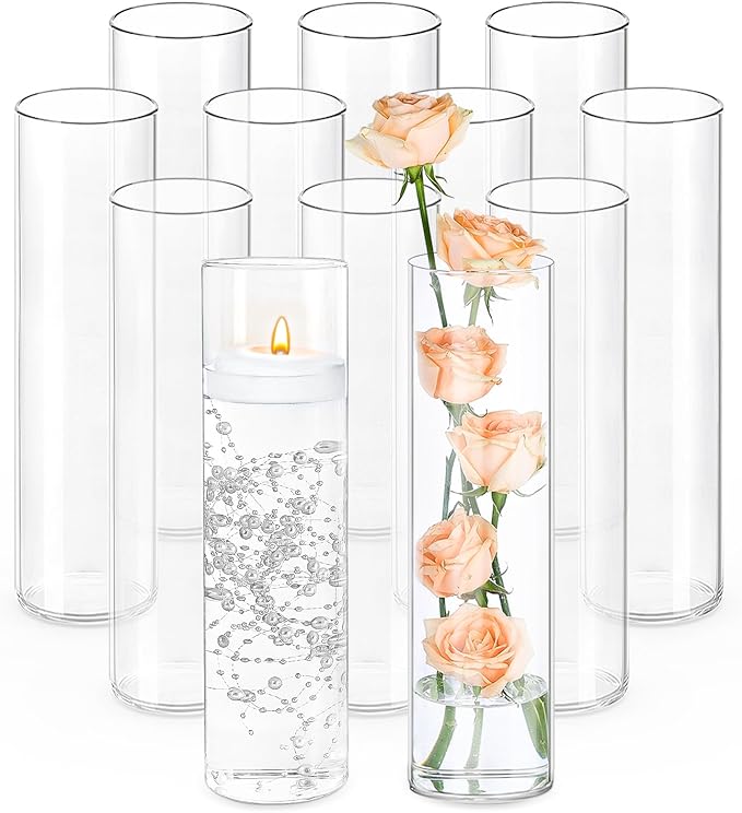 TBWIND 12Pcs Glass Cylinder Vases 12 Inch Tall Clear Flower Vases for Centerpieces Wedding Decoration, Hurricane Floating Candle Holder for Party Table Home Decor