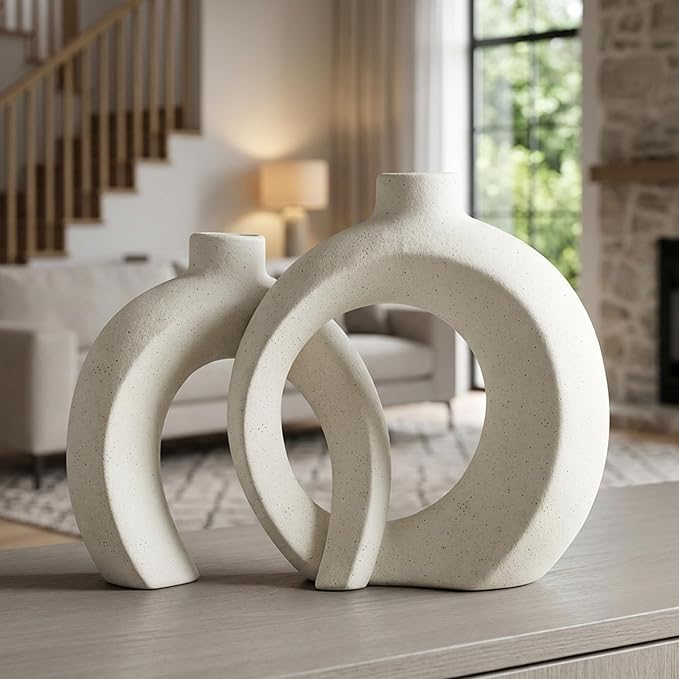 Interlocked Decorative Vase Set of 2 | Matte Sand-Textured Ceramic Vases for Modern Japandi & Boho Home Decor, Standalone or with Flowers for Mantel, Shelf, Entryway Console Table (Matte Cream White)