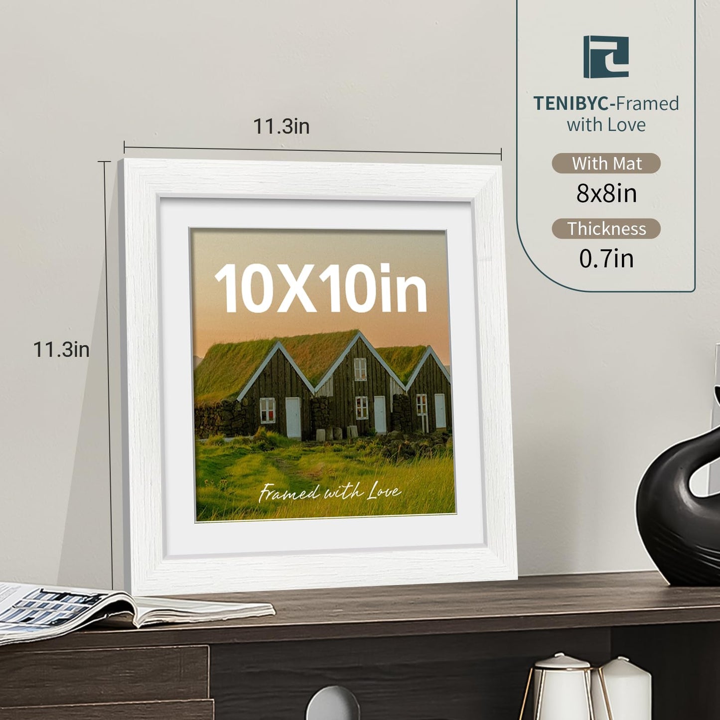 10x10 Picture Frame Set - 4 Pack, White Solid Wood Photo Frames - Tempered Glass - Displays Photos 8x8 with Mat or 10 x 10 without - Room, Office, Gallery, Studio, and Hallway Decor - Wall Hanging