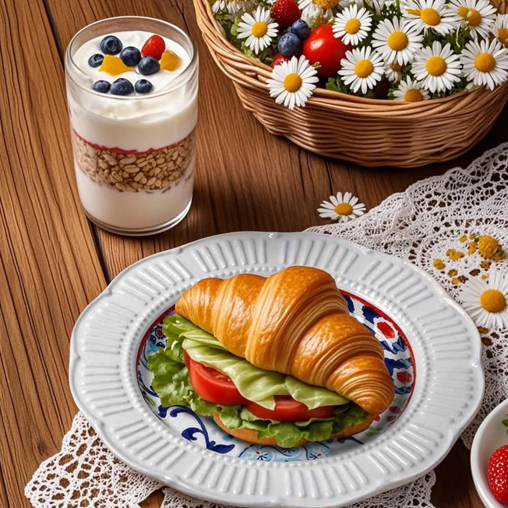 9 Inch Floral Porcelain Plates,Unique Embossed Flower Shape,Microwave & Dishwasher Safe, Artisan Hand-Painted Design for Steak,Salad,Dessert,Home & Restaurant Use