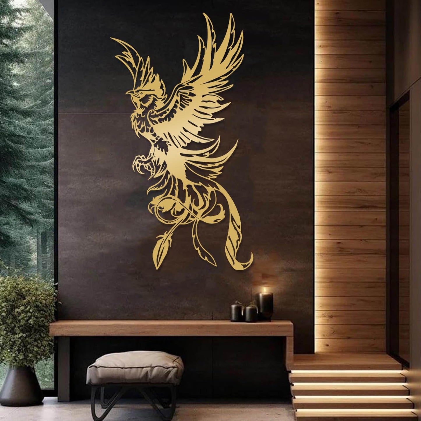 vinwipe Phoenix Metal Wall Art, Metal Phoenix Wall Decor, Bird Wall Decor, Mythical Wall Art, Outdoor Bedroom Wall Hanging (Black, 30"x17"/76x42cm)