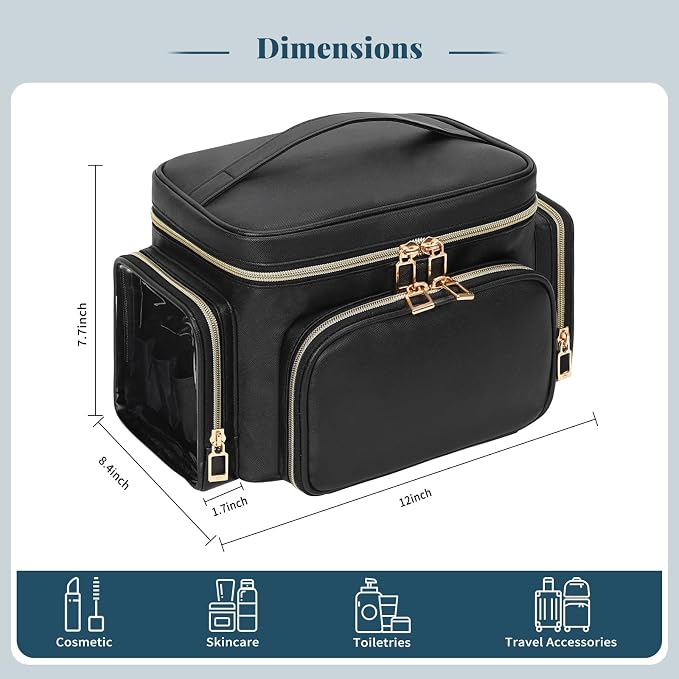Large Makeup Bag with LED Mirror, Travel Makeup Bag Organizer for Women Girls with Makeup Brush Compartment & Two Side Pockets, 3 Color Lights Cosmetic Toiletry Bag- Leather Black