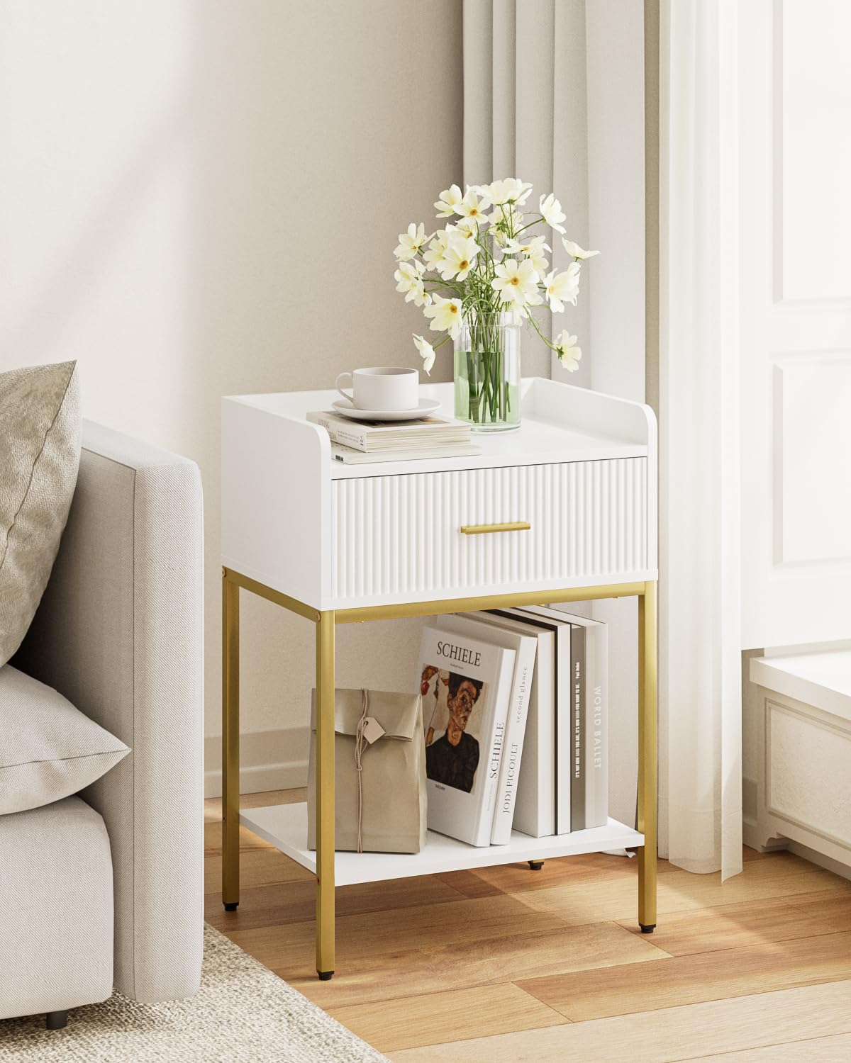 Apetaccat Night Stand, 3-Tier Bed Side Table, Small End Table, Nightstand with Open Shelf and Drawer, Bedside Table for Bedroom, Living Room, White