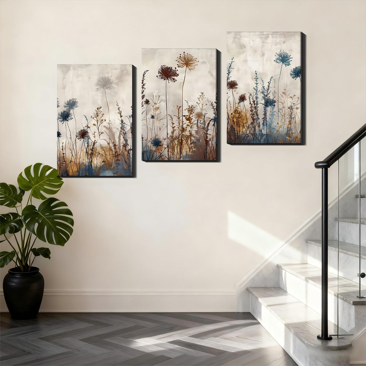Framed Triptych Floral Canvas Prints Pictures for Bathroom Entryway, Abstract Neutral Wildflower Poster Wall Art, Minimalist Wall Decor, Made in USA for Office Living Room