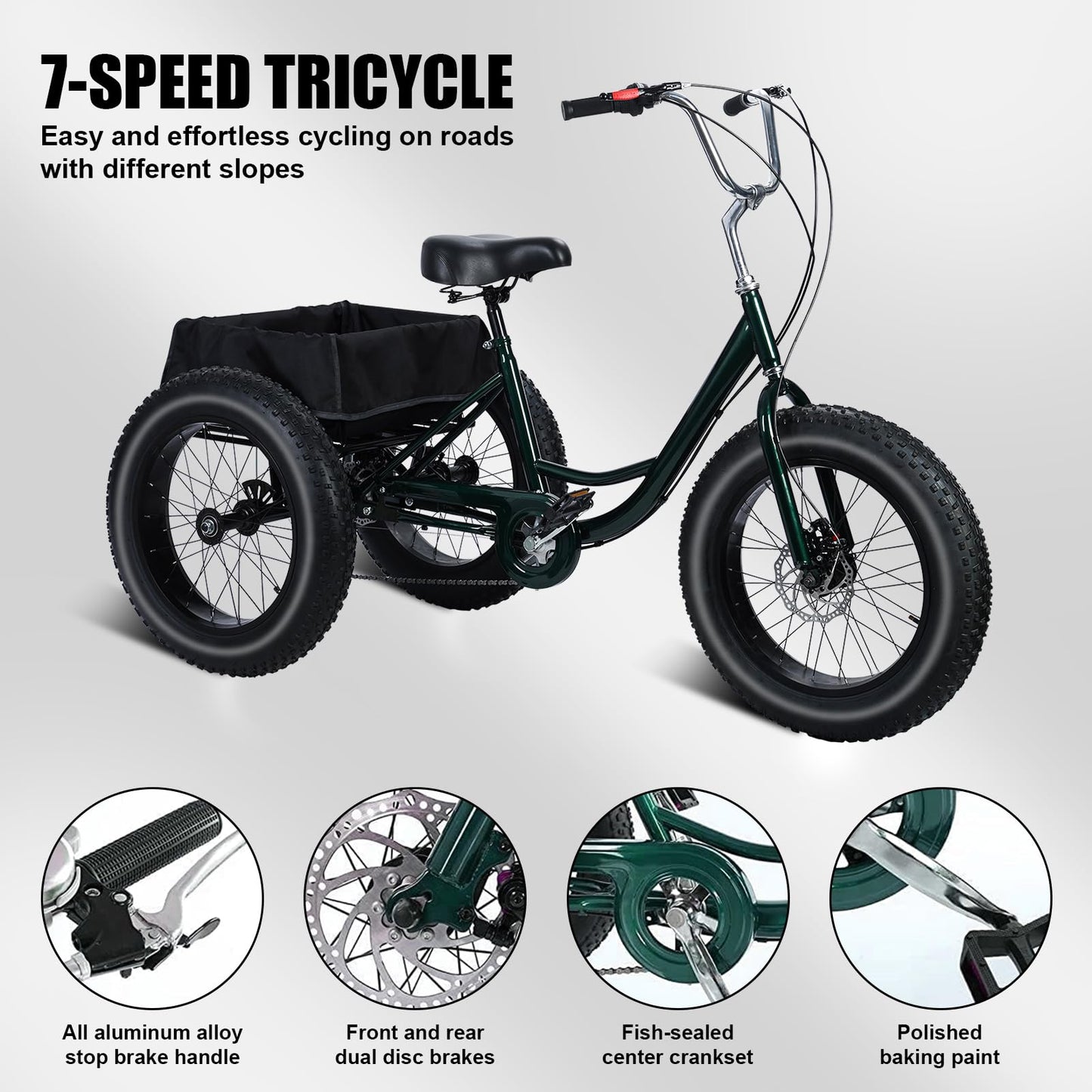 20 Inch Adult Tricycle 7 Speed, Fat Tire Trike Drift Tricycle with Double Disc Brake, High Carbon Steel 3 Wheel Bike for Seniors Adults 450 Lbs Capacity Shopping Basket Cruiser Bicycle (Black)