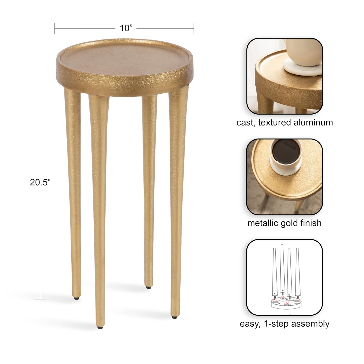 Kate and Laurel Rava Modern Metal Round Drink Table; 10 x 10 x 21; Gold; Cast Aluminum Accent Table for Use as Indoor Plant Stand or Living Room Decor Piece