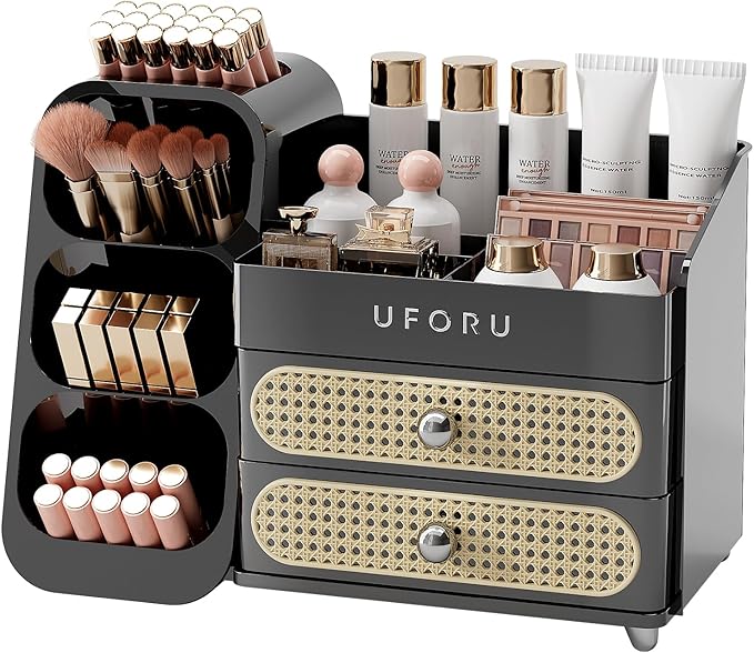 UFORU Makeup Organizer for Vanity with Brush Holder, Large Capacity Bathroom Countertop Skincare Organizer with 2 Drawers, Cosmetic Display Case for Perfumes, Eyeshadow Palettes, Nail Polishes
