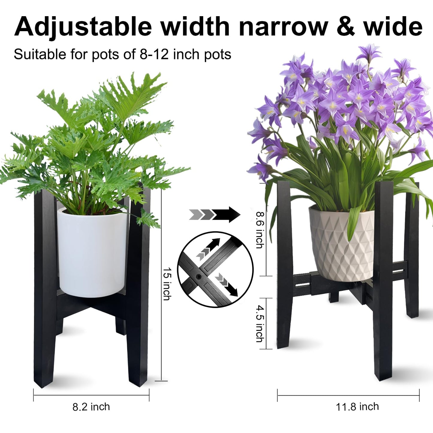 Sholramo Adjustable Plant Stand Indoor Bamboo Mid Century Modern Plants Stand Corner Plants Flower Holders Single Floor Plant Stands- 8.2-11.8 in (Pot & Plant Not Included) (Black, （8.2-11.8in）)