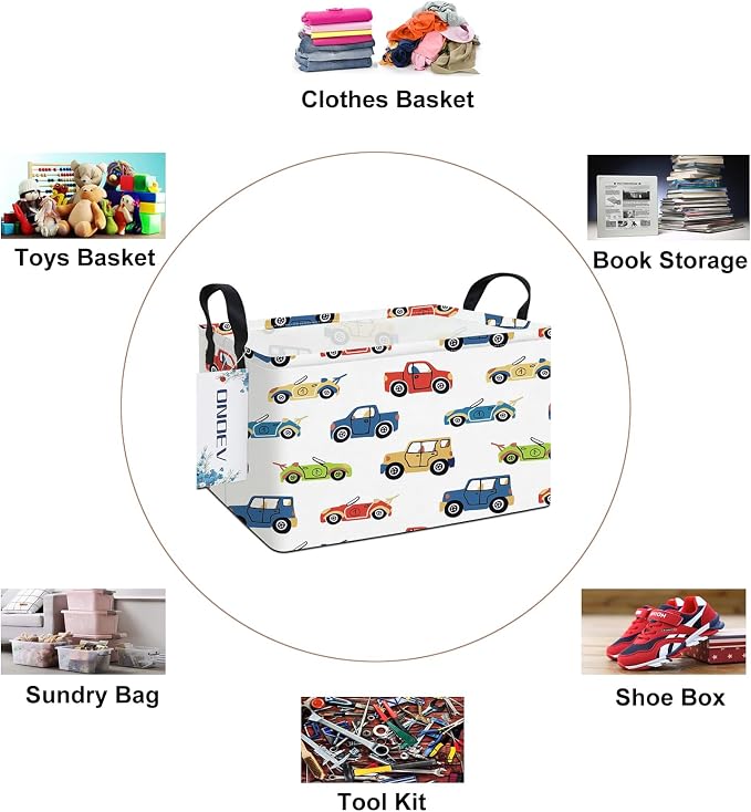 Rectangular Cartoon Car Pattern Storage Bin, Decorative Canvas Laundry Basket with Dual Handles, Foldable Household Toy Organizer, Multipurpose Party Gift Basket for Bedroom Dorm (Car)