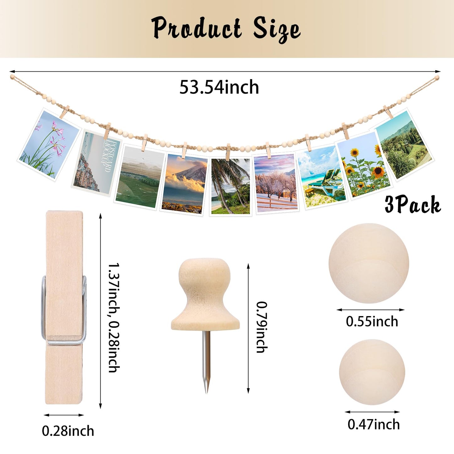 Hanging Photo Display Wall Decor, 3Pcs Boho Wooden Bead Garland Picture Banner Collage Picture Card Frame Holder with 30Clips, 24 Wooden Pegs for Bedroom, Living Room Teen Girl Gifts