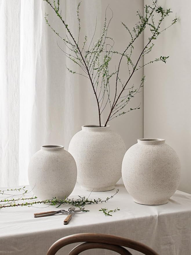 White Ceramic Vase - Large 10.8 Inch Round Floor Vase for Centerpieces, Farmhouse Flower Vases, Rustic Minimalist Home Decor (Sandstone White)