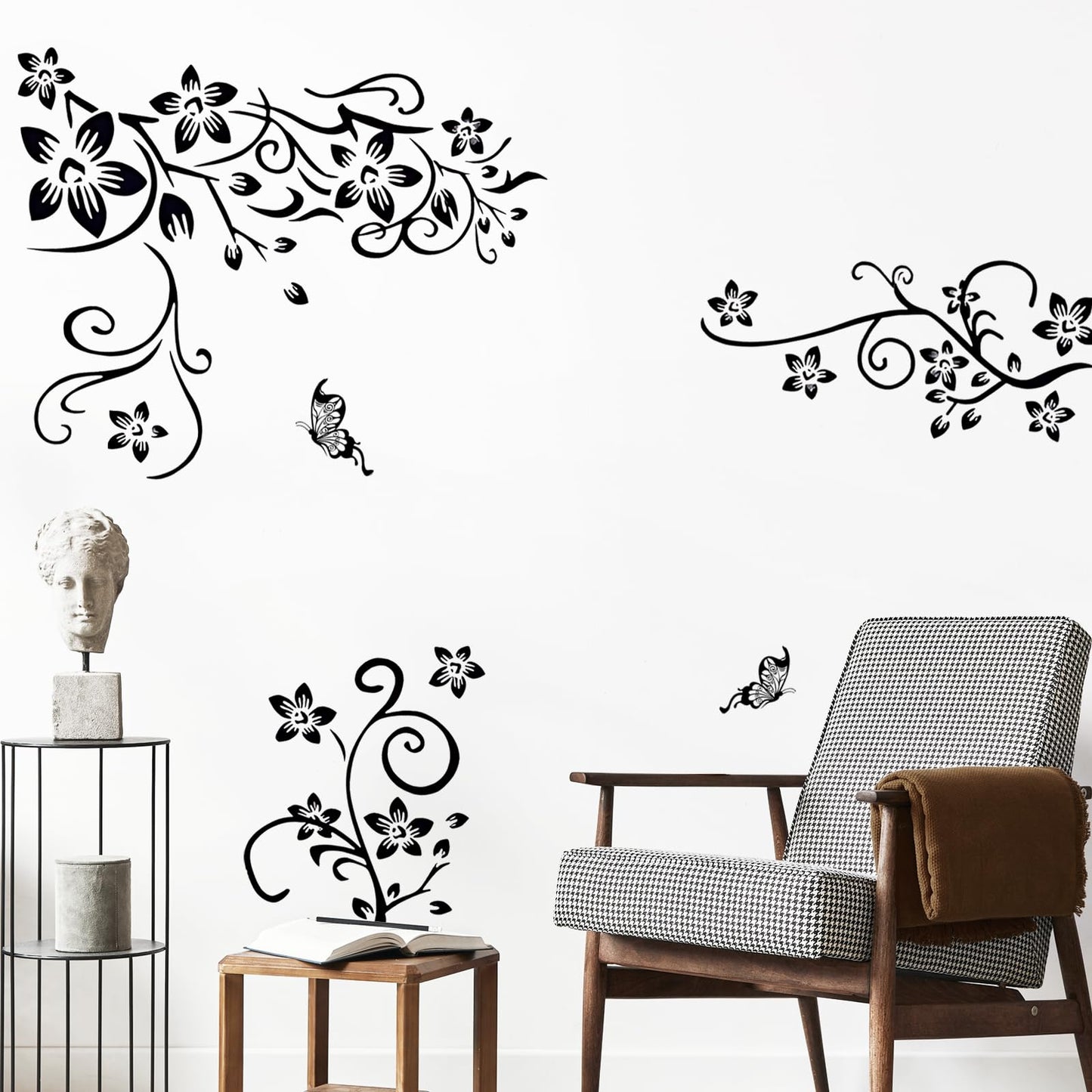 Supzone Flowers Vine Decals Black Flowers Butterfly Wall Decor Removable Vinyl DIY Home Art Stickers for Bedroom Living Room Sofa Backdrop TV Wall Decoration