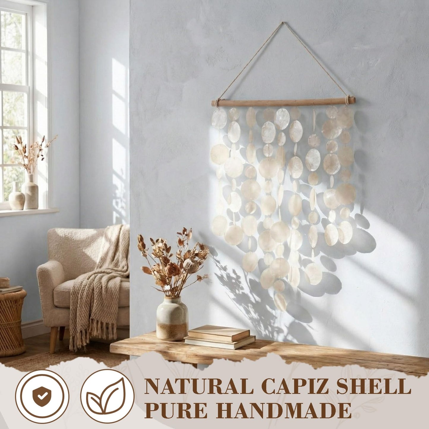 Novabright Handmade Capiz Shell Wall Decor,Boho Coastal Decor with Wooden Hanger Natural Shell Wall Ocean Art Hanging Ornaments for Living Room Bedroom Office(16x20 Inch)
