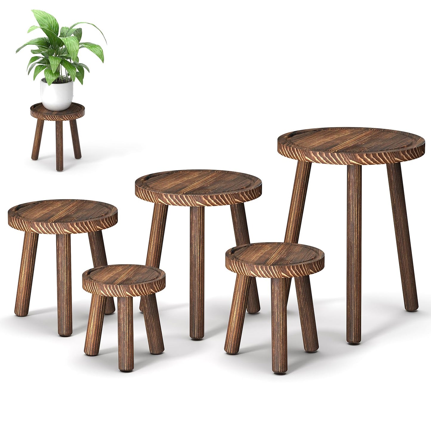 Vecxoty 5-Pack Wood Plant Stands Indoor, Single Plant Stand for 6-12 Inch Pots, Mid-Century Modern Plant Stool, Tall Plant Stand for Large Plants for Living Room, Balcony, Office (Dark Brown)