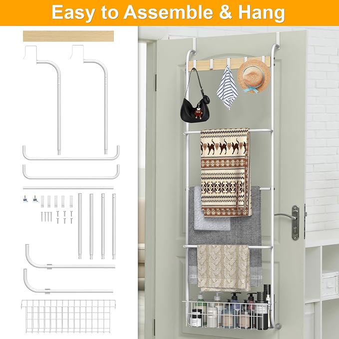 Over The Door Towel Rack,5-Tier Over Door Towel Racks for Bathroom,Towel Rack with Hooks and Basket Door Hanging,Blanket Ladder for Living Room White