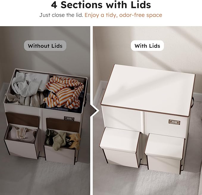 SOLEDI Double Laundry Hamper with Lid, 47.8 Gal (180L) Large Laundr Basket 2 Section with 2 Side Pockets, Dirty Clothes Hamper with Removable Bag, Easy to Carry for Laundry Room, Bedroom, Beige