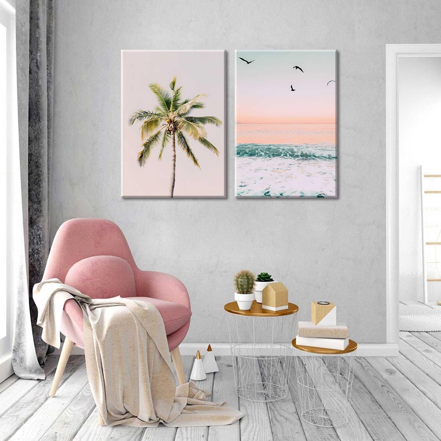 2Pcs Framed Pastel Beach Wall Art Tropical Palm Tree Canvas Posters Prints Coastal Ocean Wall Decor Pictures Summer Beach Theme Bedroom Living Room Decoration, 12x16 Inch