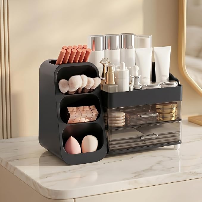 Brothersbox Makeup Organizer with Brush Holder for Vanity, Large Countertop Skincare Storage with 2 Drawers, Holds Lipsticks, Nail Polishes, Perfumes, Brushes - Gift for Women, Black