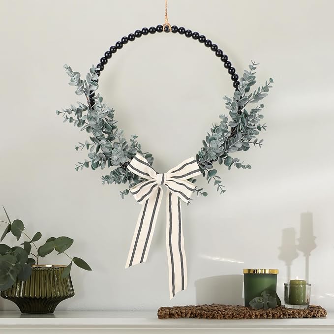 Wood Bead Eucalyptus Leaf Wreaths - 13 Inch Natural Greenery Wreaths Boho Wall Hanging Decoration for All Season Bedroom Room Rustic Farmhouse Home Indoor Outdoor Window Decor