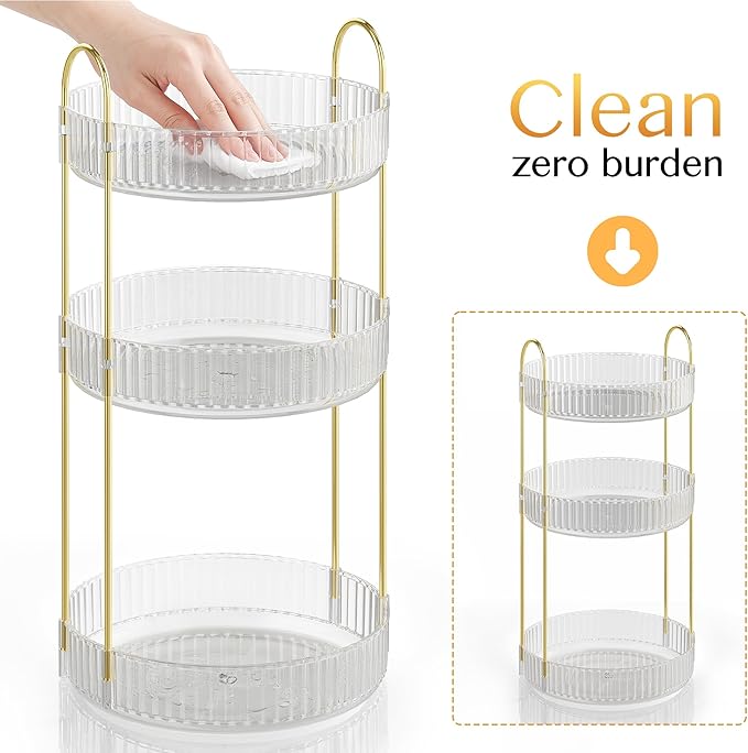 Rotating Makeup Organizer Countertop,Skincare Organizers,Spinning Perfume Tray Stand,Makeup Storage Organizer for Vanity,Bathroom Organizer and Storage,Lazy Susan,3 Tier,Clear