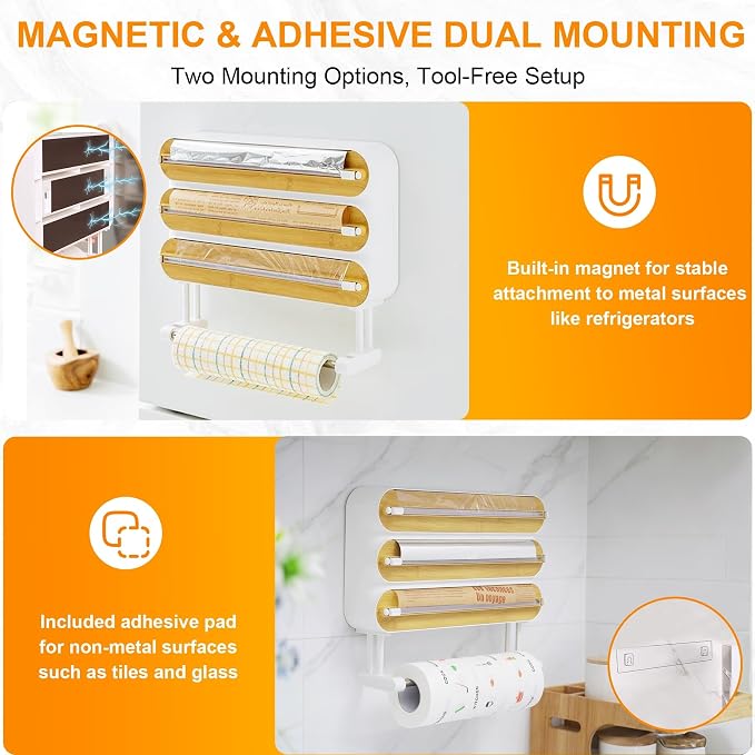 4in1 Plastic Wrap Dispenser with Cutter Aluminum Foil Organizer Wrapping Paper Storage and Kitchen Towel Holder Ideal for Kitchen Organization and Countertop Space Saving