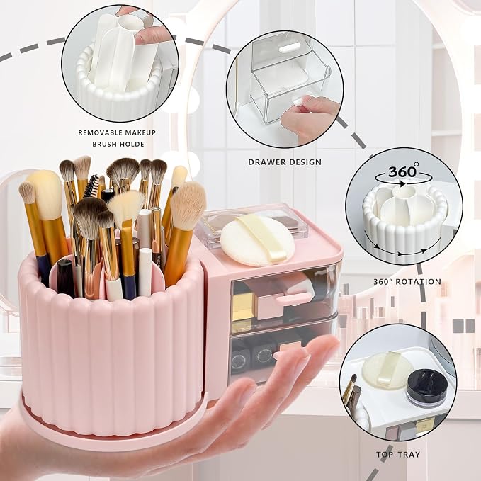Makeup Organizer Countertop, 360 Rotating Makeup Brush Holder with 2 Drawer Organizer, Small Preppy Kids Desk Organizer, 9.25x5.11 Inch, White