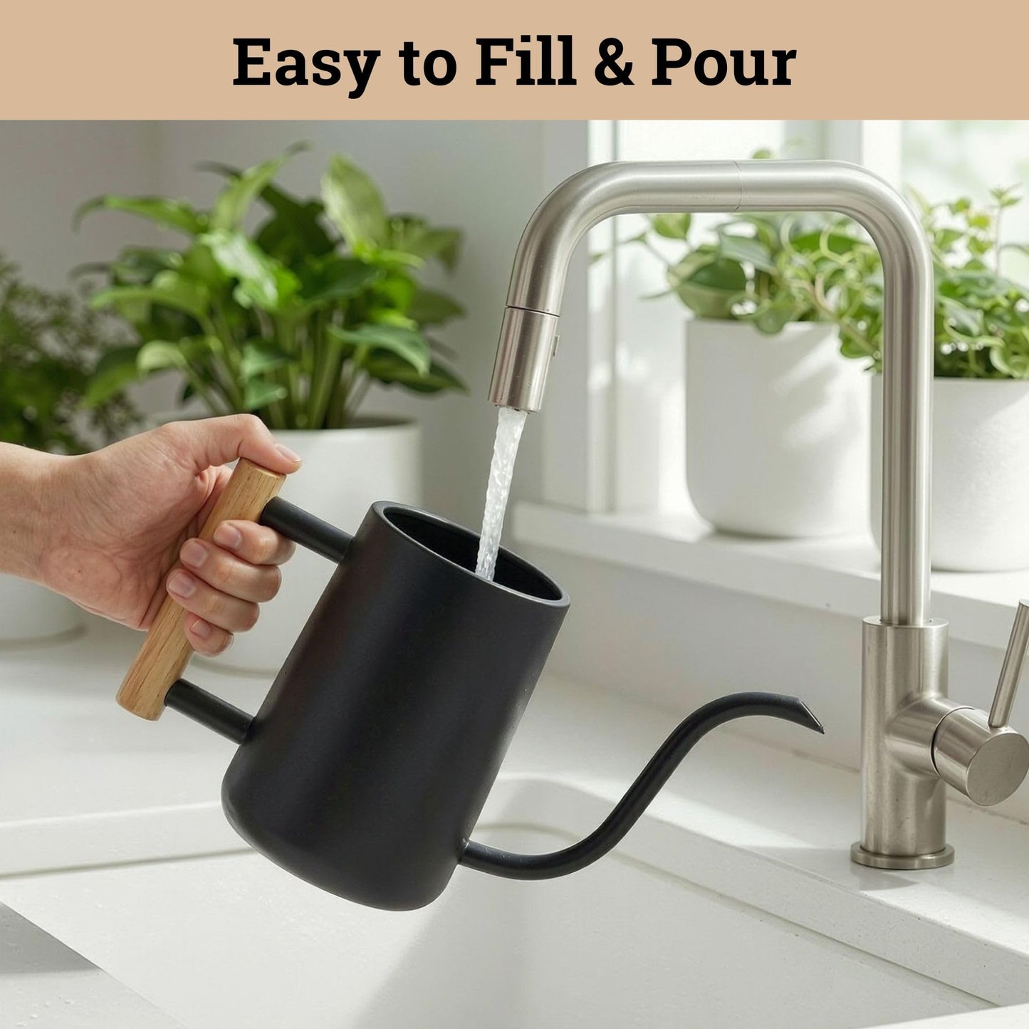 35 Ounce Metal Small Indoor Watering Can with Long Spout & Real Wood Handle for House Plants, Succulents, Cacti & Seedlings - Black Long Spout Watering Can Indoor Plants - Gentle Flow & No Spills