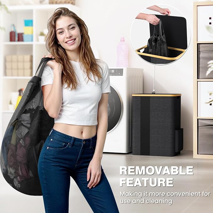 BlissTotes Laundry Basket with Lid, 80L Clothes Laundry Hamper with Handles and Removable Laundry Bag, Breathable Design Hamper with Lid for Bedroom, Bathroom, Dorm, Laundry Room - Dark Grey