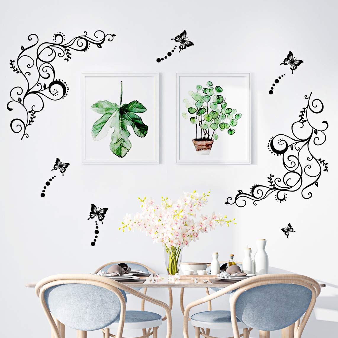 Hot Fashion Removable Vinyl DIY Black Nursery Flowers Vine and Beautiful Butterfly Wall Corner Decals Wall Sticker Murals Home Art Decor for Girls Kids Bedroom Living Room Home Decorations