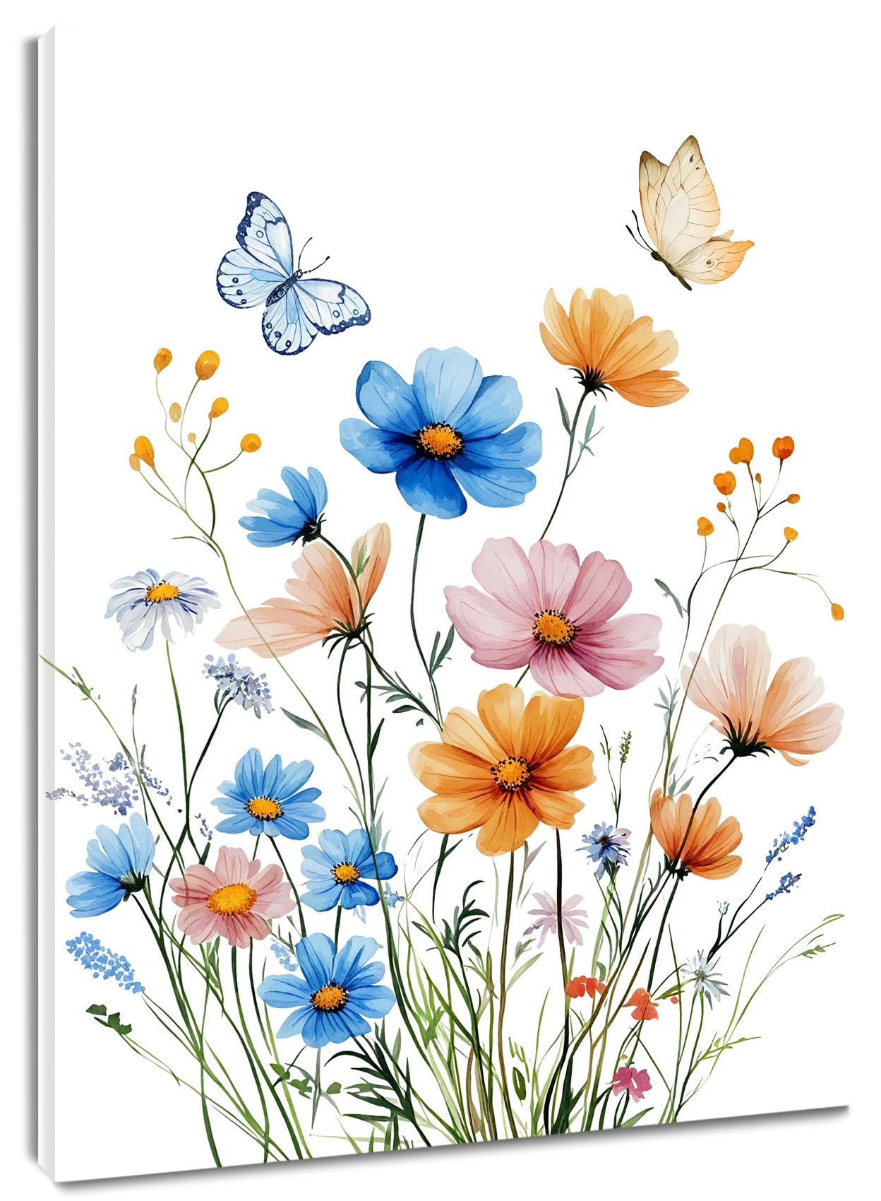 RASEONG Spring Floral Wall Art for Livingroom, Blue and Pink Flower Nature Plant Wall Decor Rustic Wildflower Wall Decor for Bathroom Office Bedroom, 12W x 16L Inches