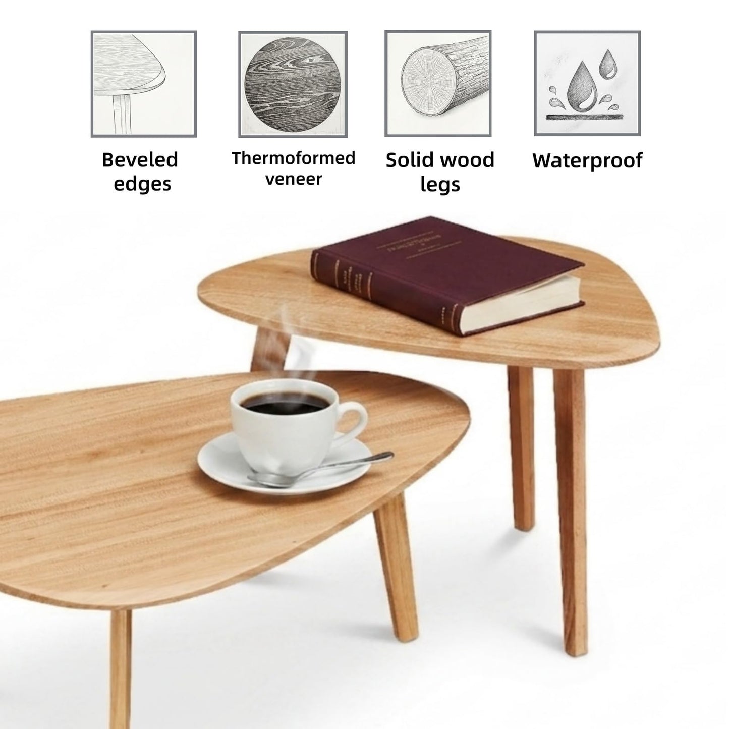 DURISEN Nesting Coffee Table Set of 2-Mid Century Modern Guitar Pick Stacking Tables with Solid Wood Legs-Waterproof Triangle Center Side End Table for Small Living Room,Apartment,Balcony (Natural)