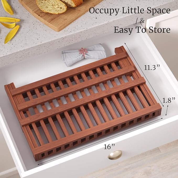 VERTORGAN Teak Dish Drying Rack,Folding Collapsible Drainer Plate Organizer Holder for Kitchen,Foldable Spice Rack for Countertop and Cabinet,Pantry Organization and Storage