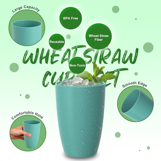 Wheat Straw Cups Set of 6, Unbreakable 20 OZ Reusable Cups, Alternative Plastic Drinking Glasses, Lightweight Tumbler for Kitchen Outdoor, Dishwasher Safe Tumblers & Water Glasses, Multi