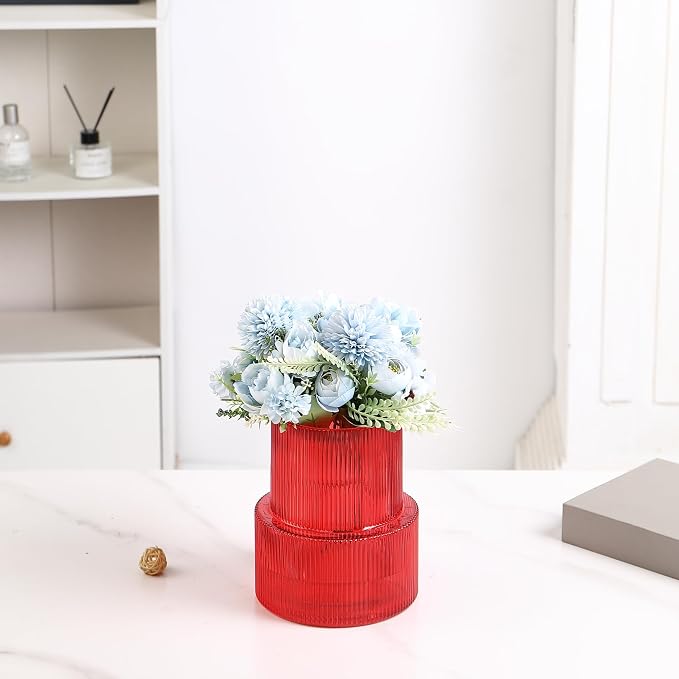 Ribbed Glass Vase, Flower Vase, Fluted Red Vases for Flowers, Modern Vases for Living Room, Dining Table, Entryway, Shelf, Wedding, Office, Coffee Table, Birthday, 7.5 Inches