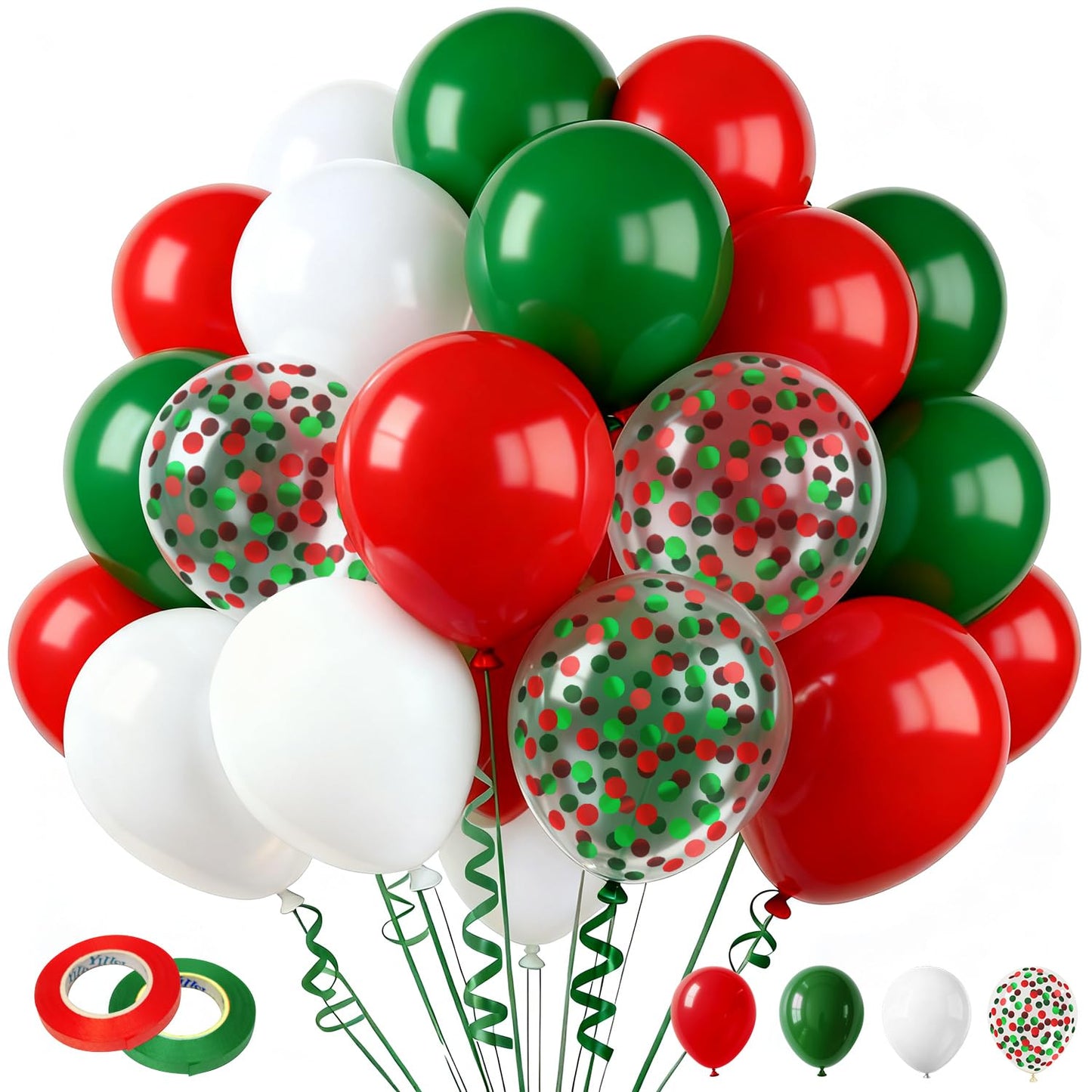 60 Pcs 12 Inch Christmas Balloons Red Green White Confetti Balloons for Birthday Wedding Festival Christmas New Year Holiday Decoration