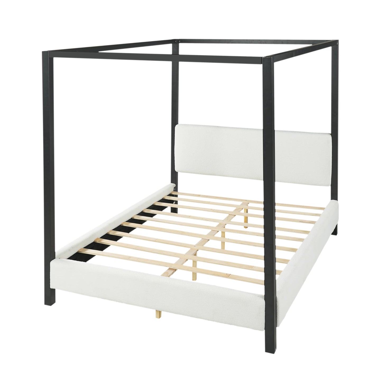 Merax Modern Queen Szie Metal Canopy Bed with Plush Bouclé Upholstery,Four-Poster Bed with Wood Slat Support,Padded Headboard & Side Rails,No Box Spring Needed,Luxury Bedroom Furniture,White+Black