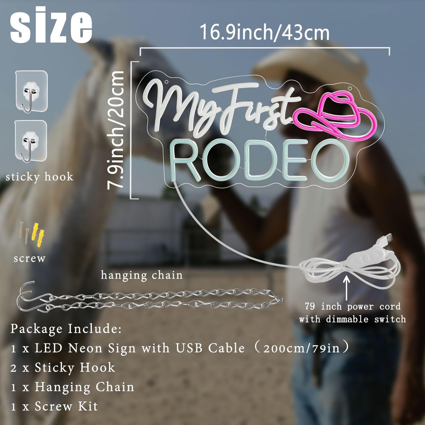 My First Rodeo Neon Sign for Wall Decor, Dimmable Cowboy Hat Neon Lights Signs, Western Cowboy Theme Neon Led Sign for Farm Bar Club Party Game Room Bedroom Man Cave Decoration Birthday Present