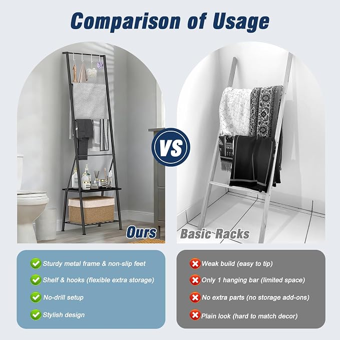 Black Metal Blanket Ladder with Storage Shelf and Hooks, Leaning Towel Rack for Bathroom, Decorative Blanket Rack for Living Room Bedroom