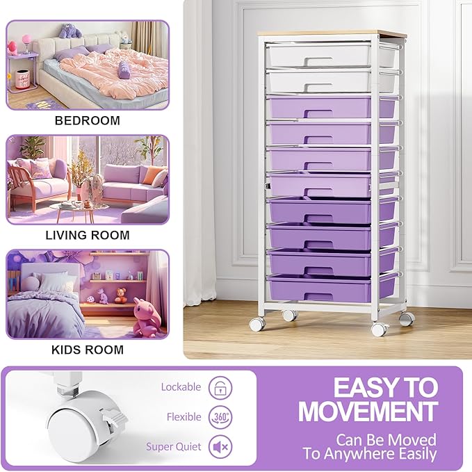 SYKIARIOL Rolling Cart with Drawers,10 Drawer Rolling Cart,Storage Cart with Wheels,Utility Cart with Drawers,Teacher Cart for Classroom Storage,Craft Cart with Wheels and Wooden Tabletop,Purple