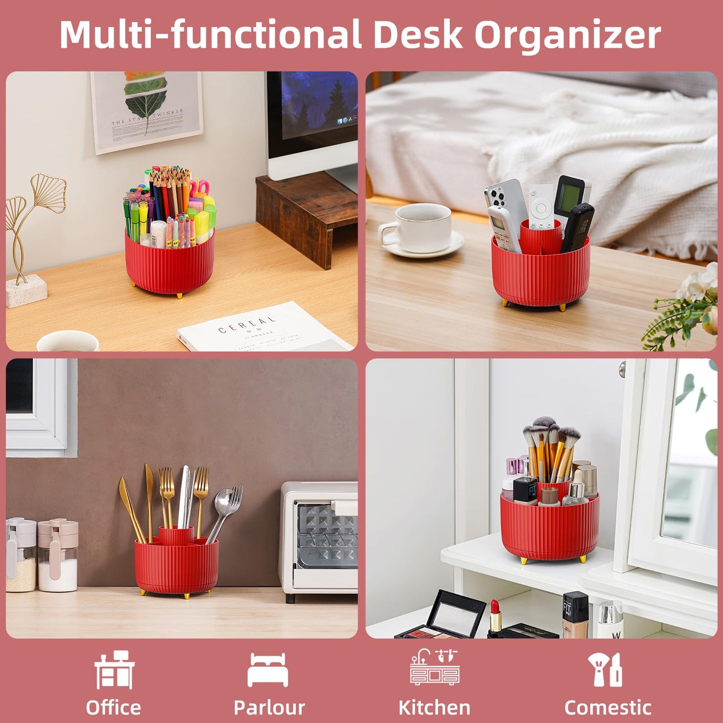 Marbrasse Desk Organizer, 360-Degree Rotating Pen Holder for Desk, Desk Organizers and Accessories with 5 Compartments Pencil Organizer, Art Supply Storage Box Caddy for Office, Home (Red)